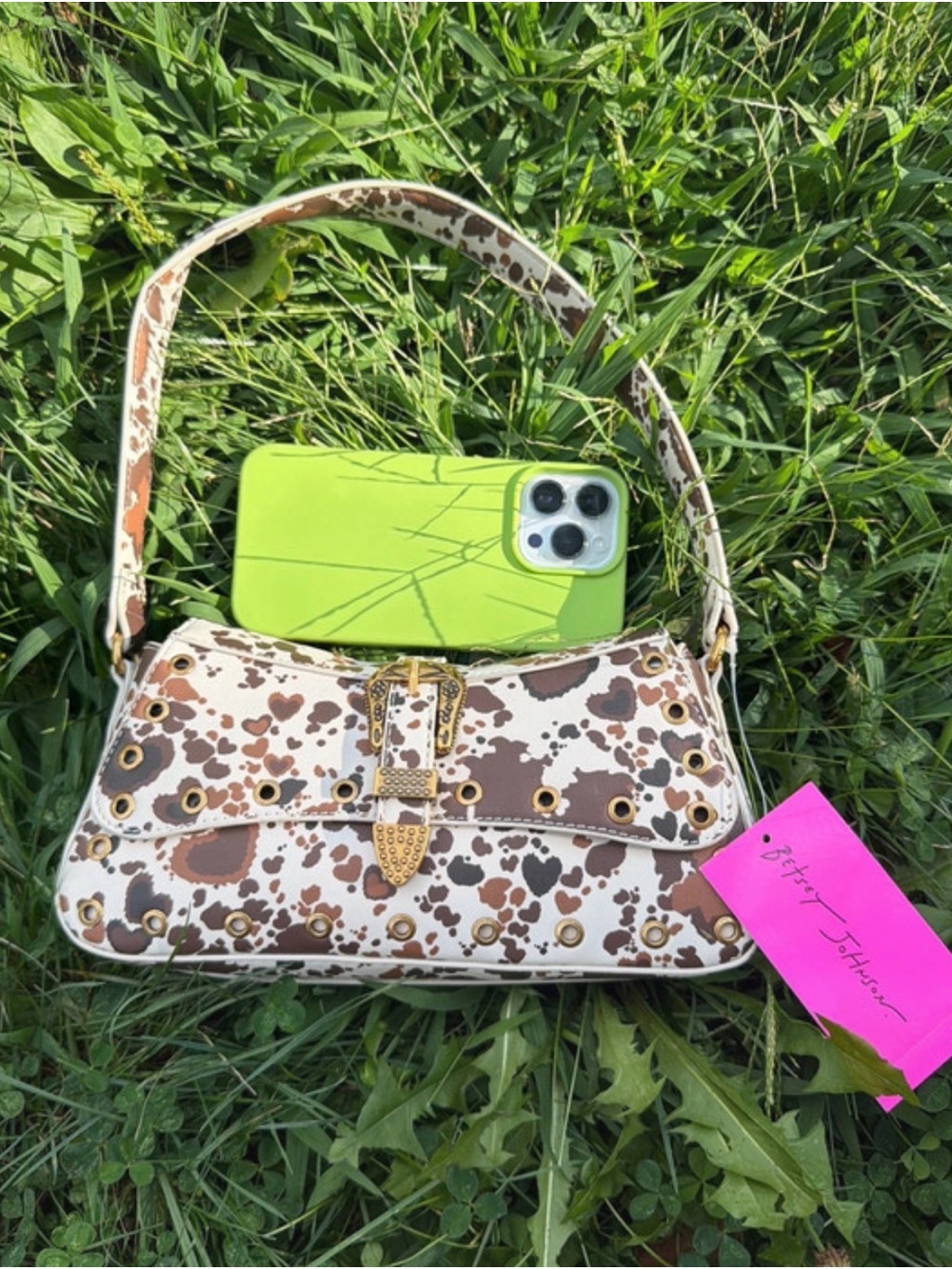 Betsey Johnson Brown and White Cow Print Shoulder Bag with Gold Hardware - Picture 2 of 2